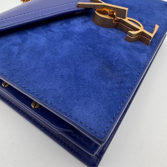 SAINT LAURENT Snooth Calfskin Suede Monogram Cassandra Clasp Bag Bleu Saphr - Picture 6 of 13